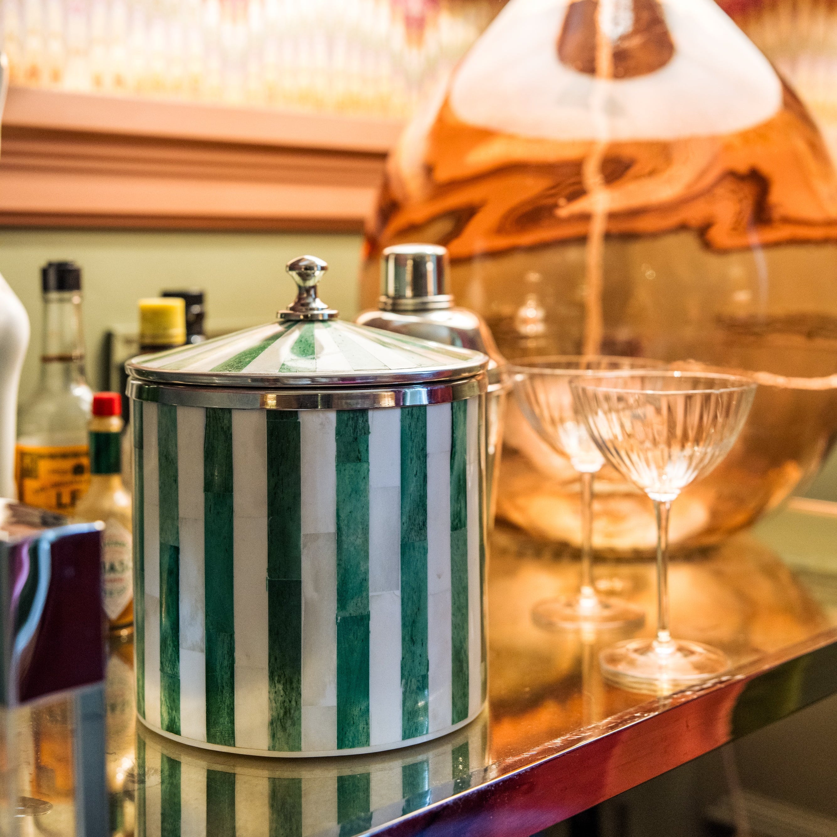 Bone Inlay Ice Bucket | Green & White | Striped