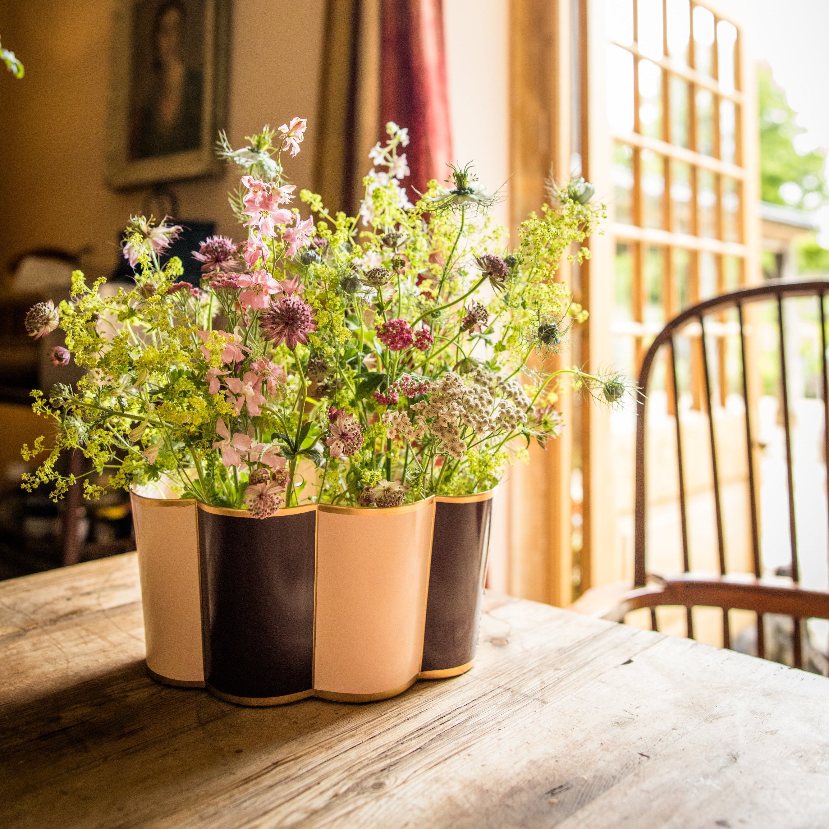 Rounded Scalloped Planter | Large | Rose Pink & Plum Purple | Striped