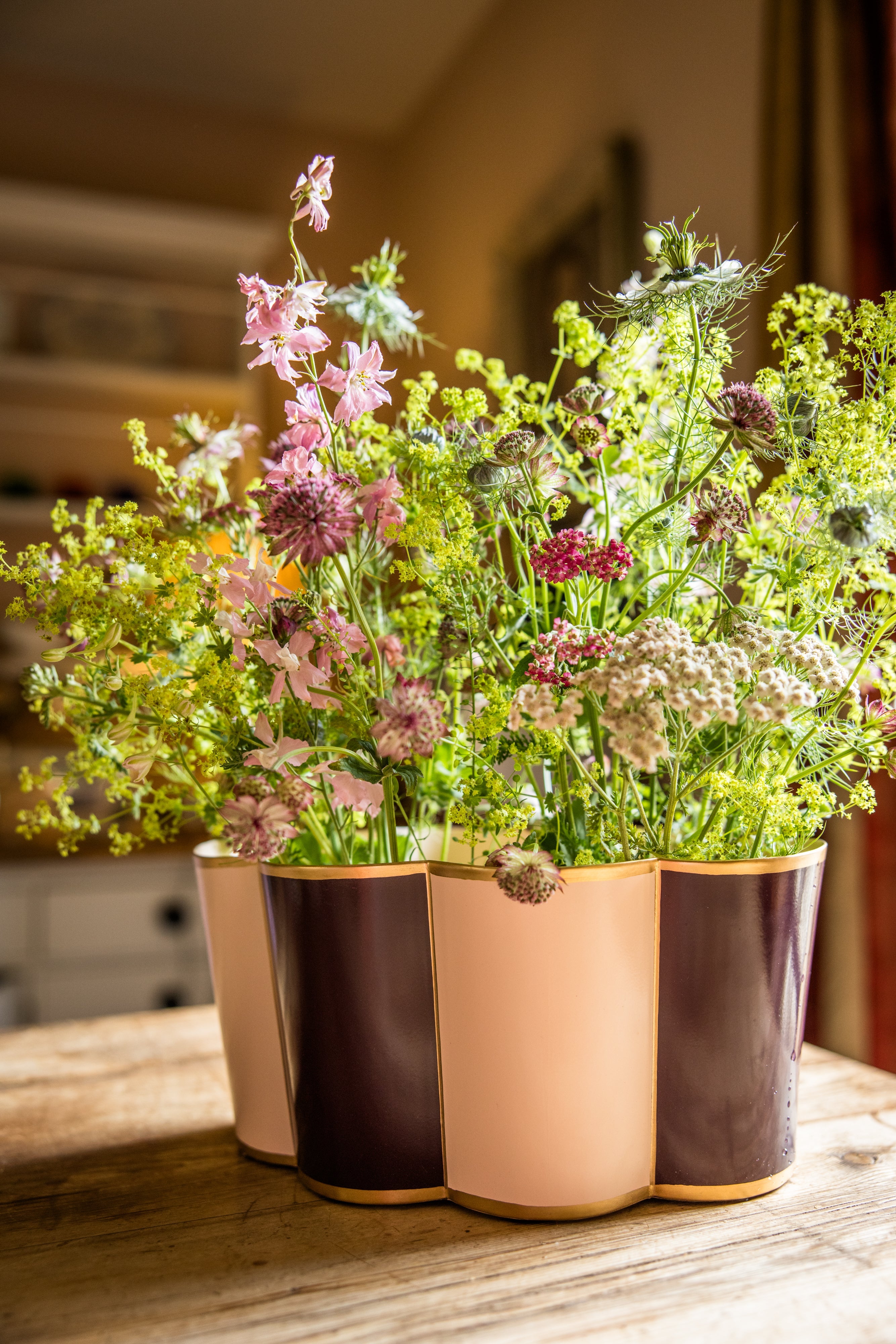 Rounded Scalloped Planter | Large | Rose Pink & Plum Purple | Striped