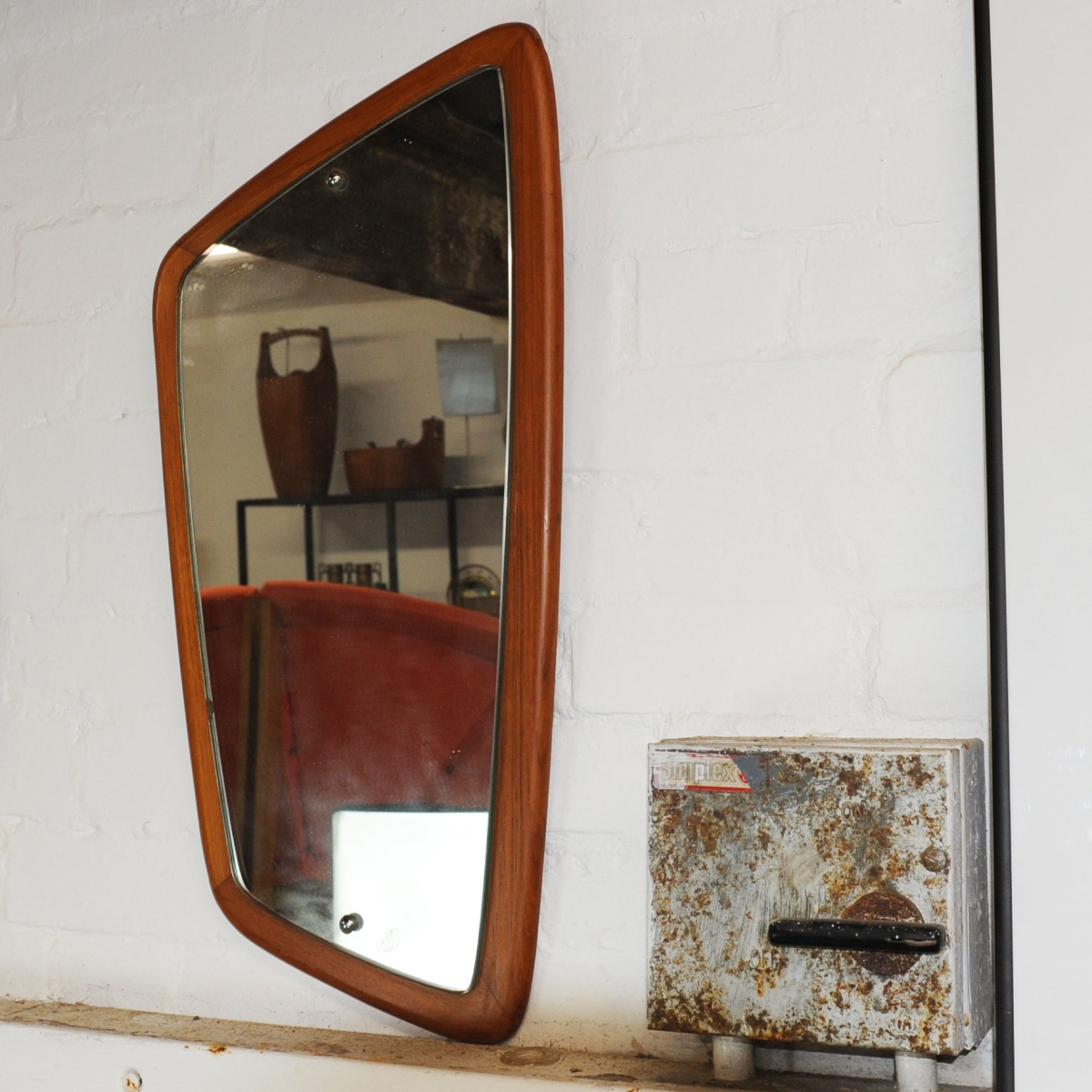 Vintage Teak Asymmetric Rectangular Wall Mirror, 1960s