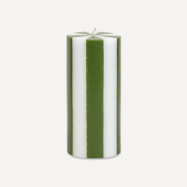 Striped Medium Pillar Candle | Moss Green & White