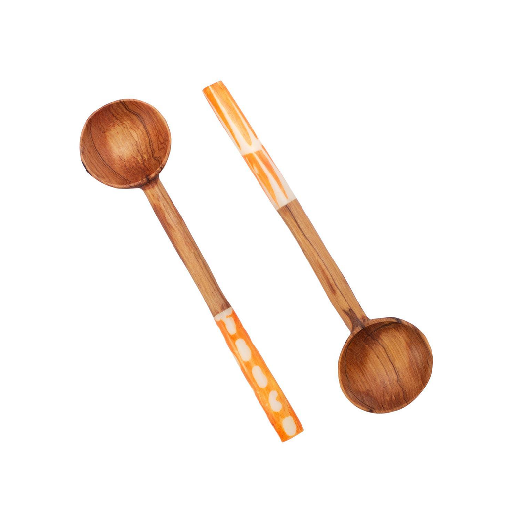 Olive Wood Sugar Spoon With Orange Batik Handle