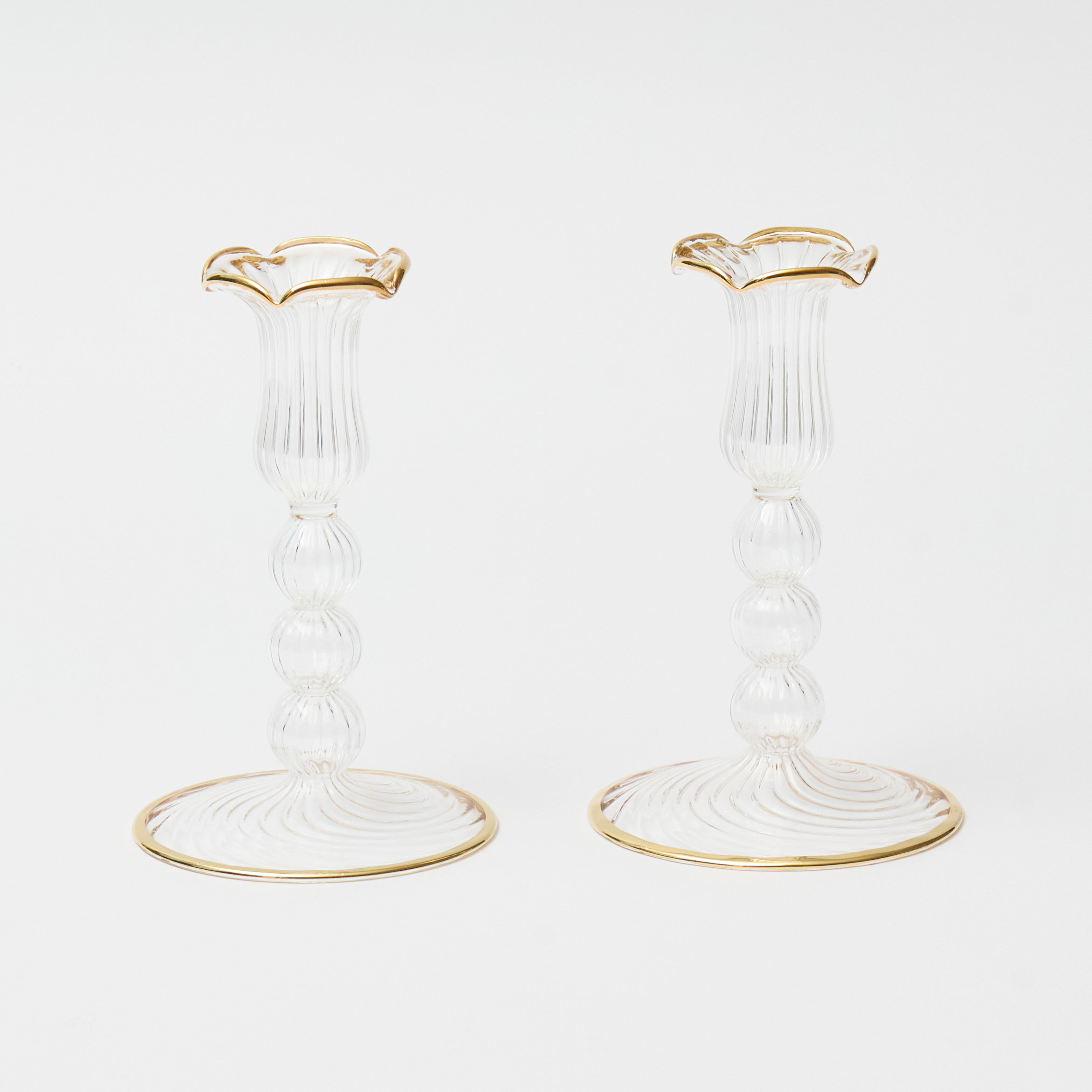 Gold Rimmed Glass Pompom Candlestick (Set of 2)