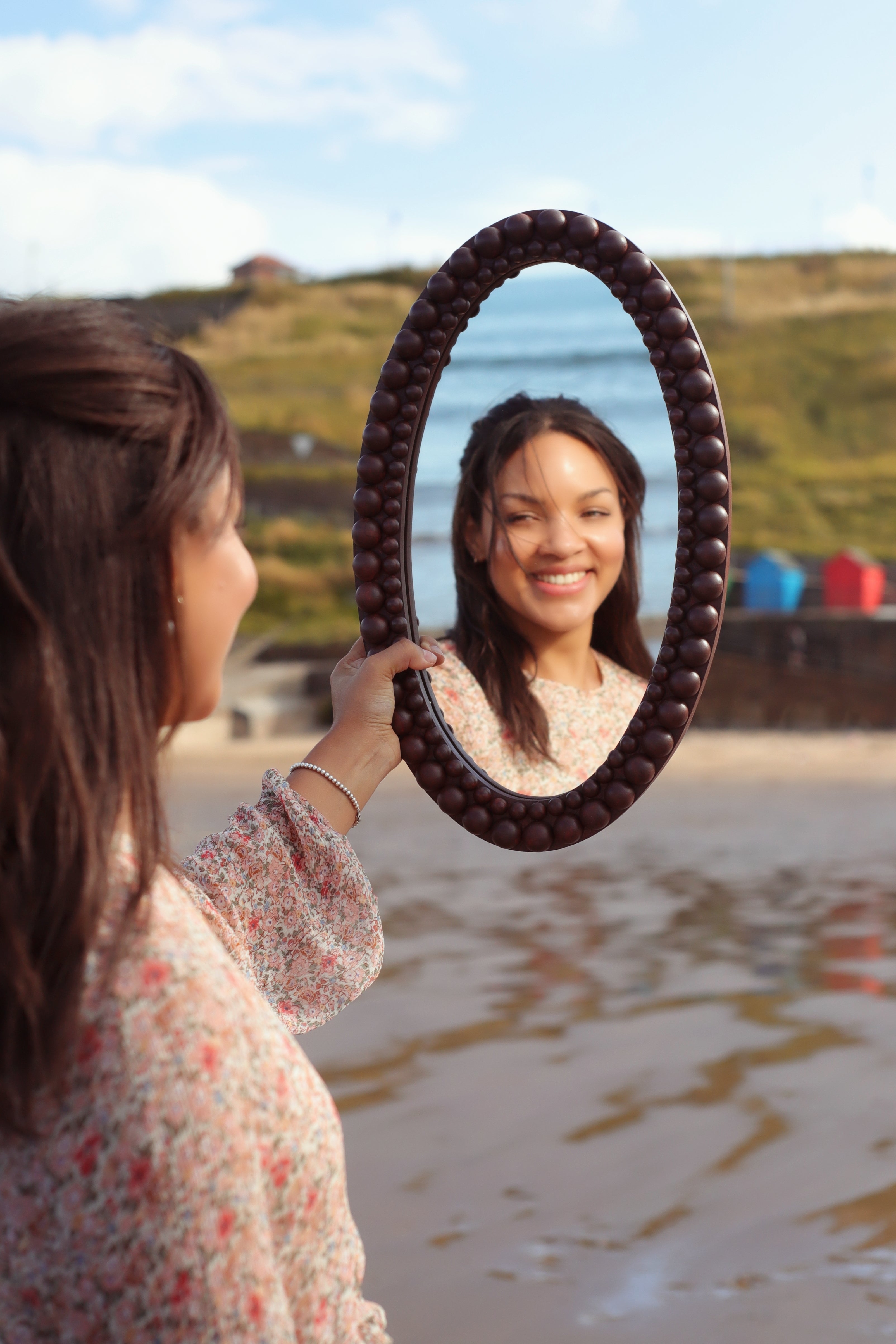 Stained Wood Oval Bobbin Mirror