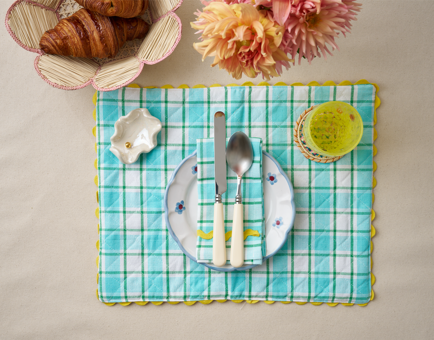 Yellow and Aqua Napkins, Set of Two