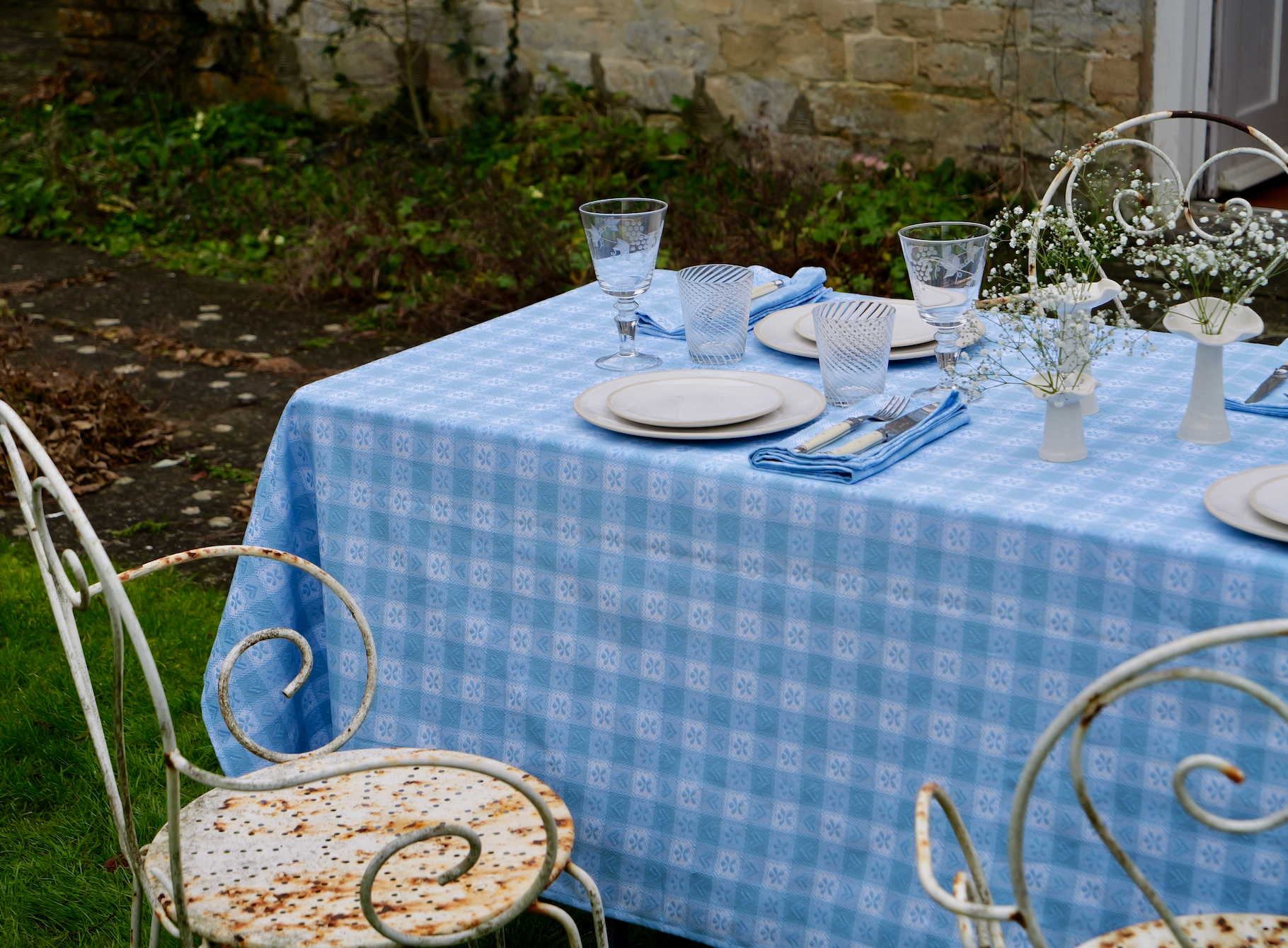 Blue Alpine Chalet Cotton Gingham Tablecloth, Italian Cotton, 230 x 150cm