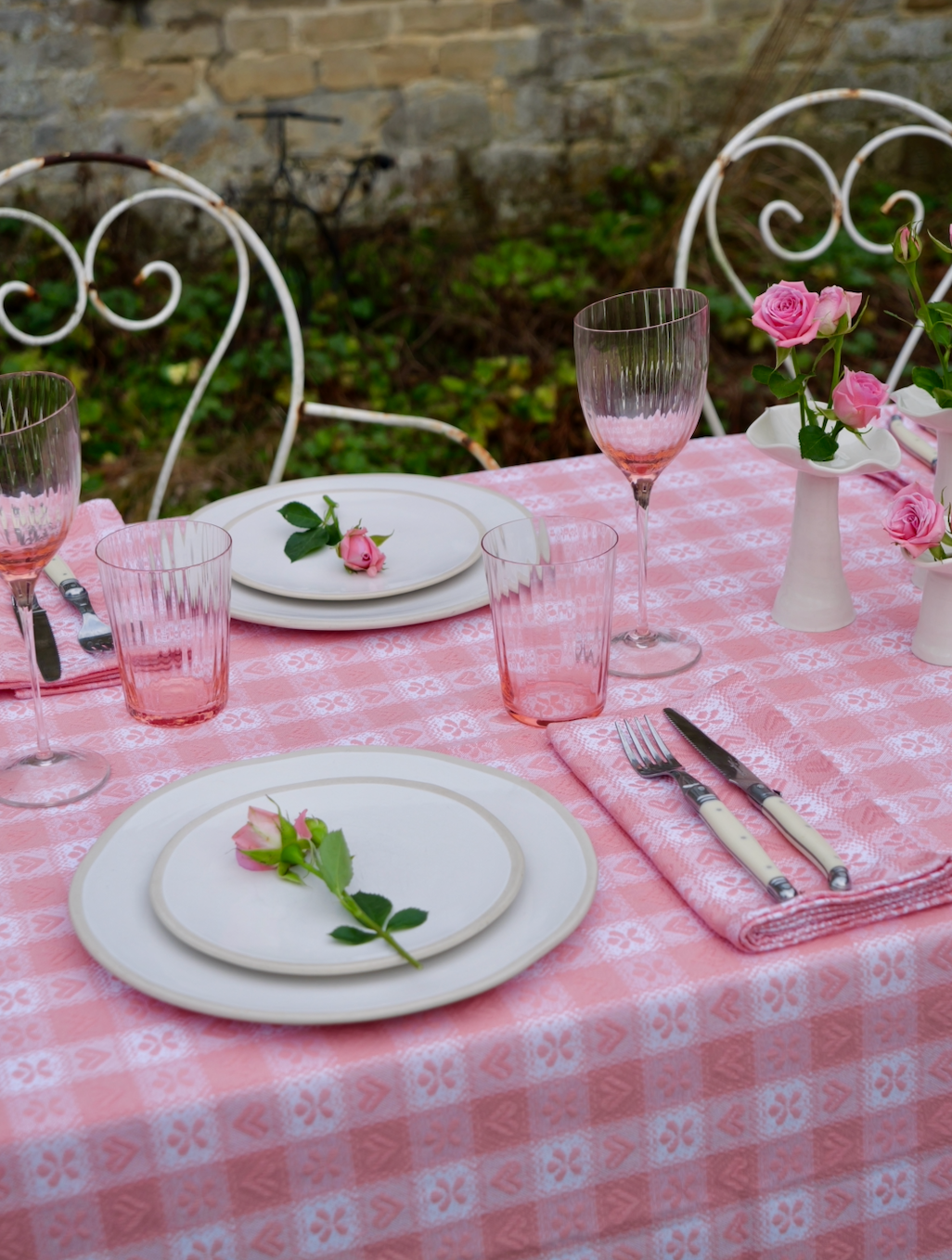 Pink Alpine Chalet Cotton Gingham Tablecloth, Italian Cotton, 230 x 150cm