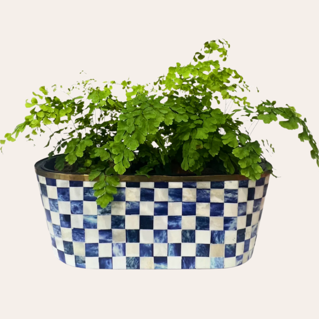 Oblong Inlay Planter | Large |  Blue | Chequered