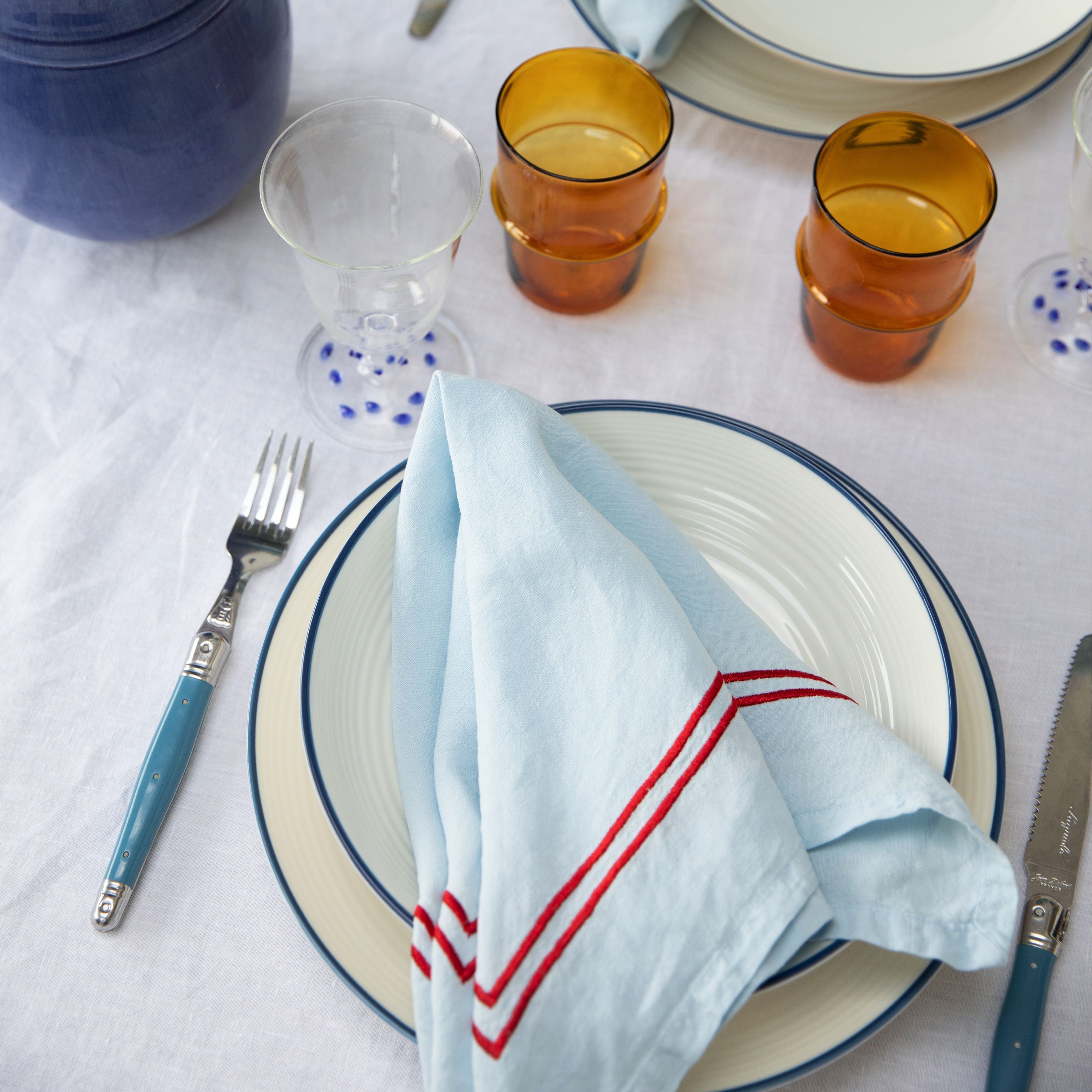 Blue Double Piped Linen Napkins - Set of Four