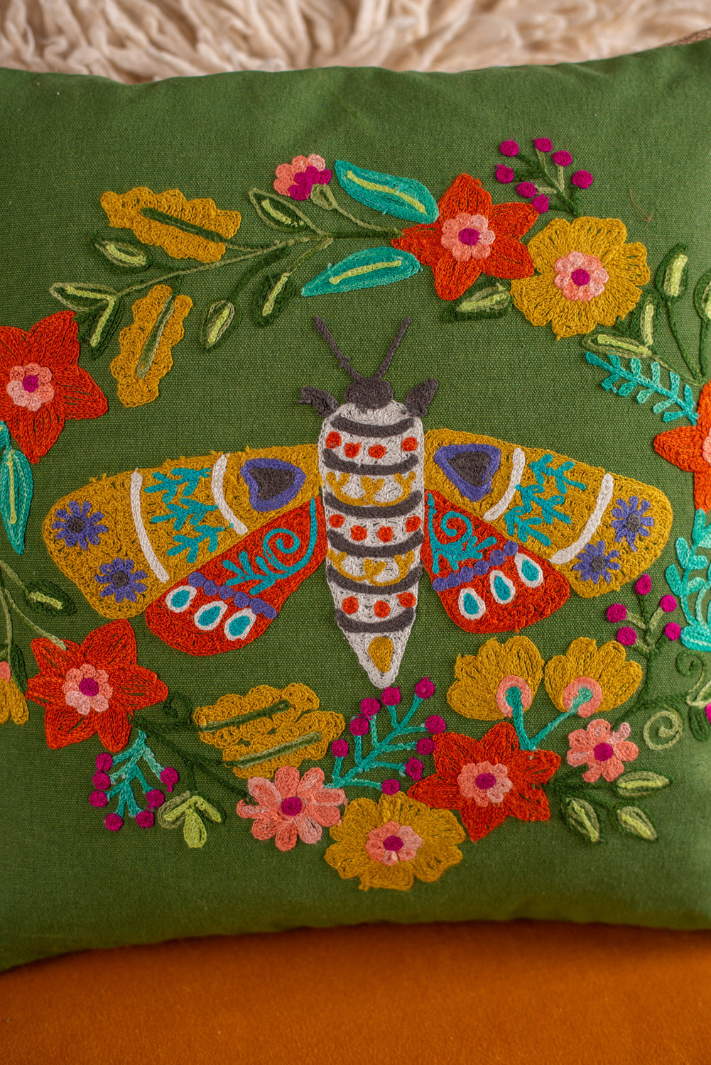 Floral Moth Embroidered Cushion Cover