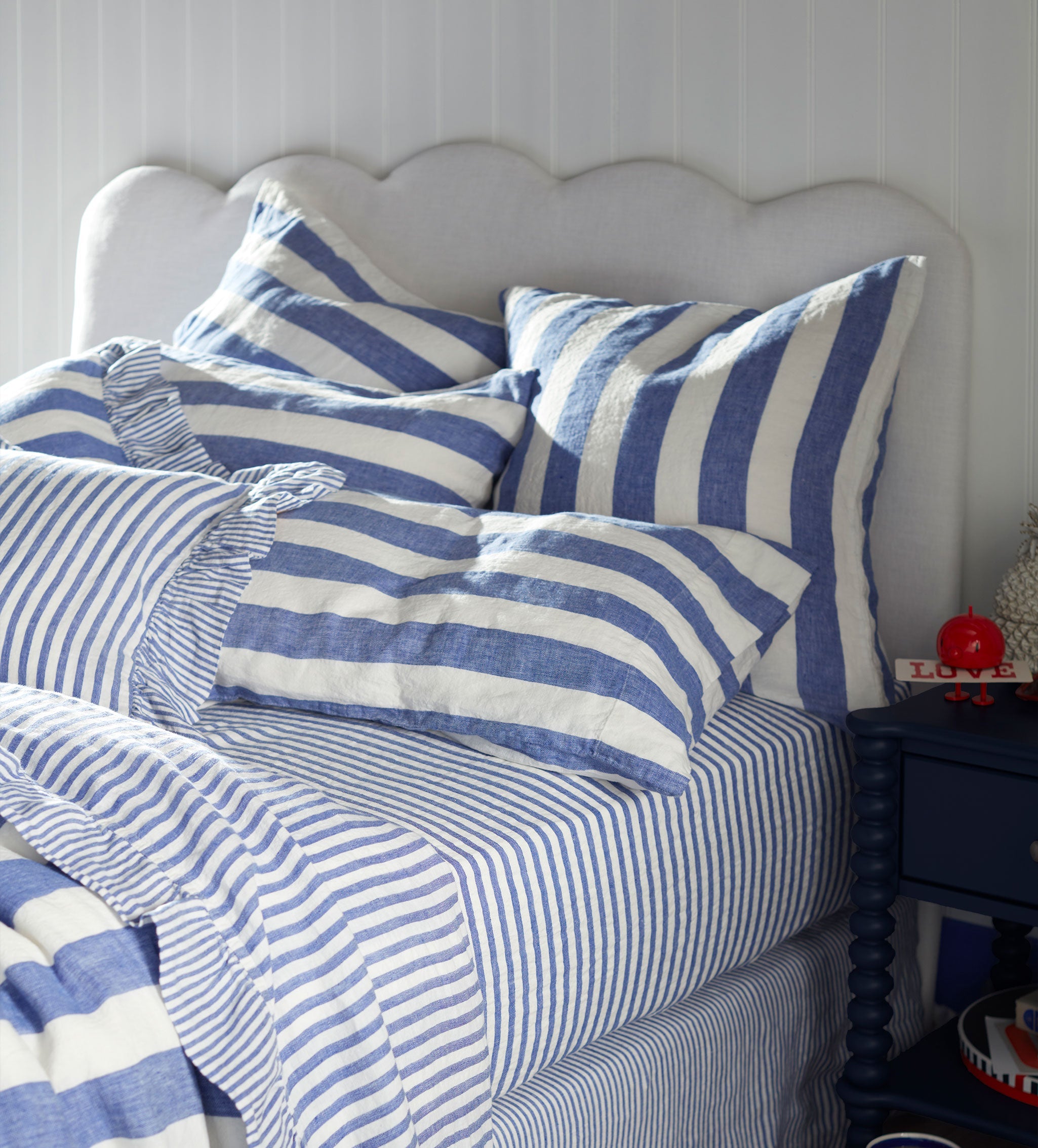 Cobalt Cora Mid Stripe 100% Linen Frill Edge Cushion Cover