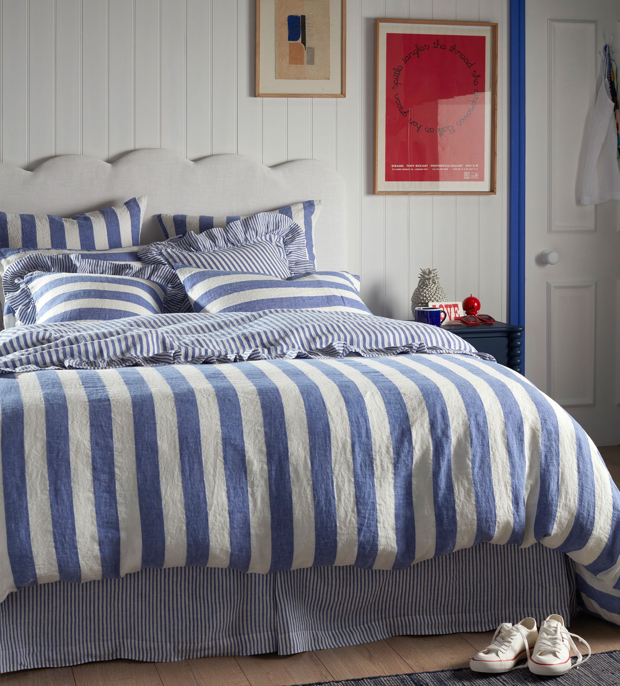 Cobalt Cora Stripe 100% Linen Duvet Cover