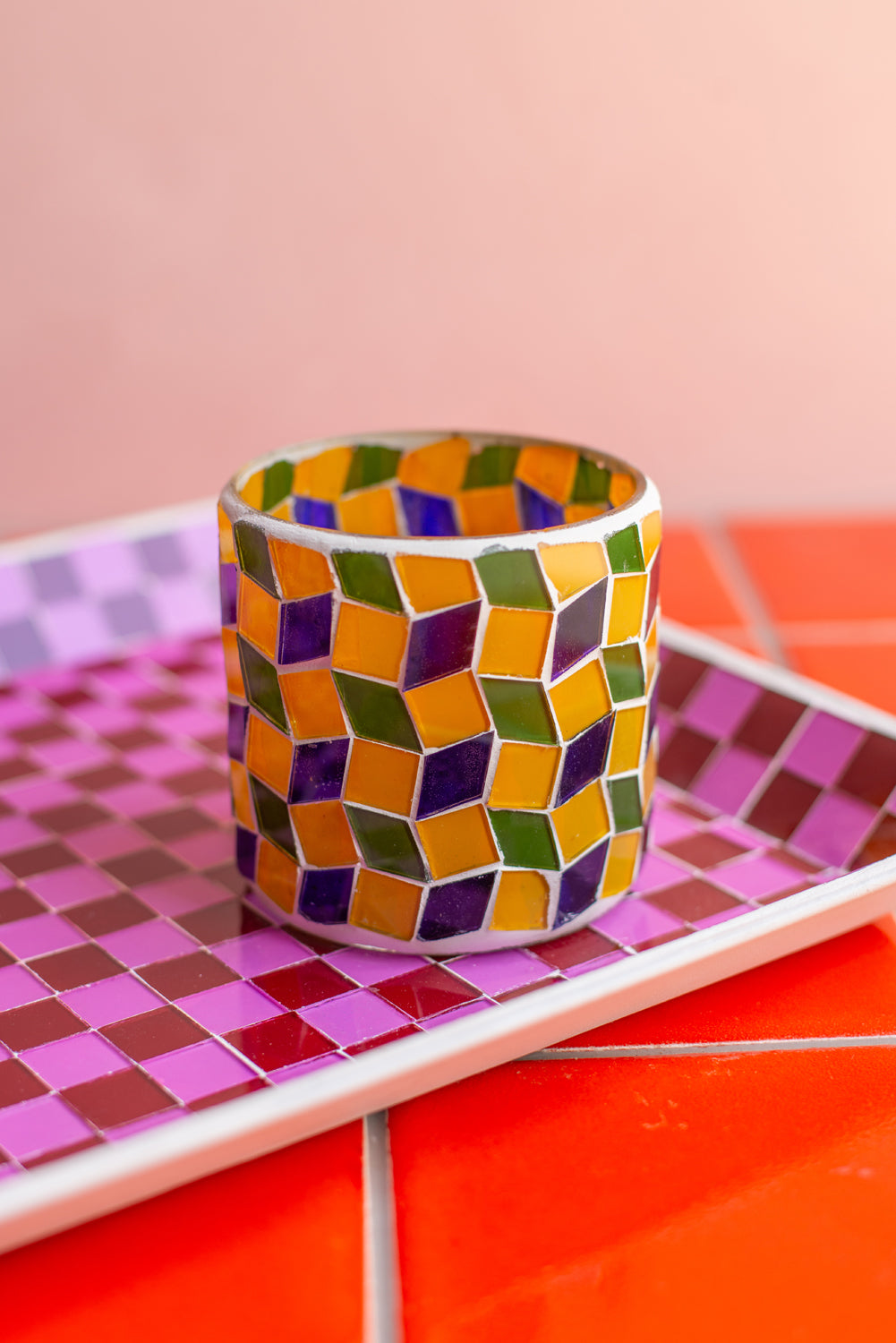 Multicoloured Set of Five Mosaic Glass Votives