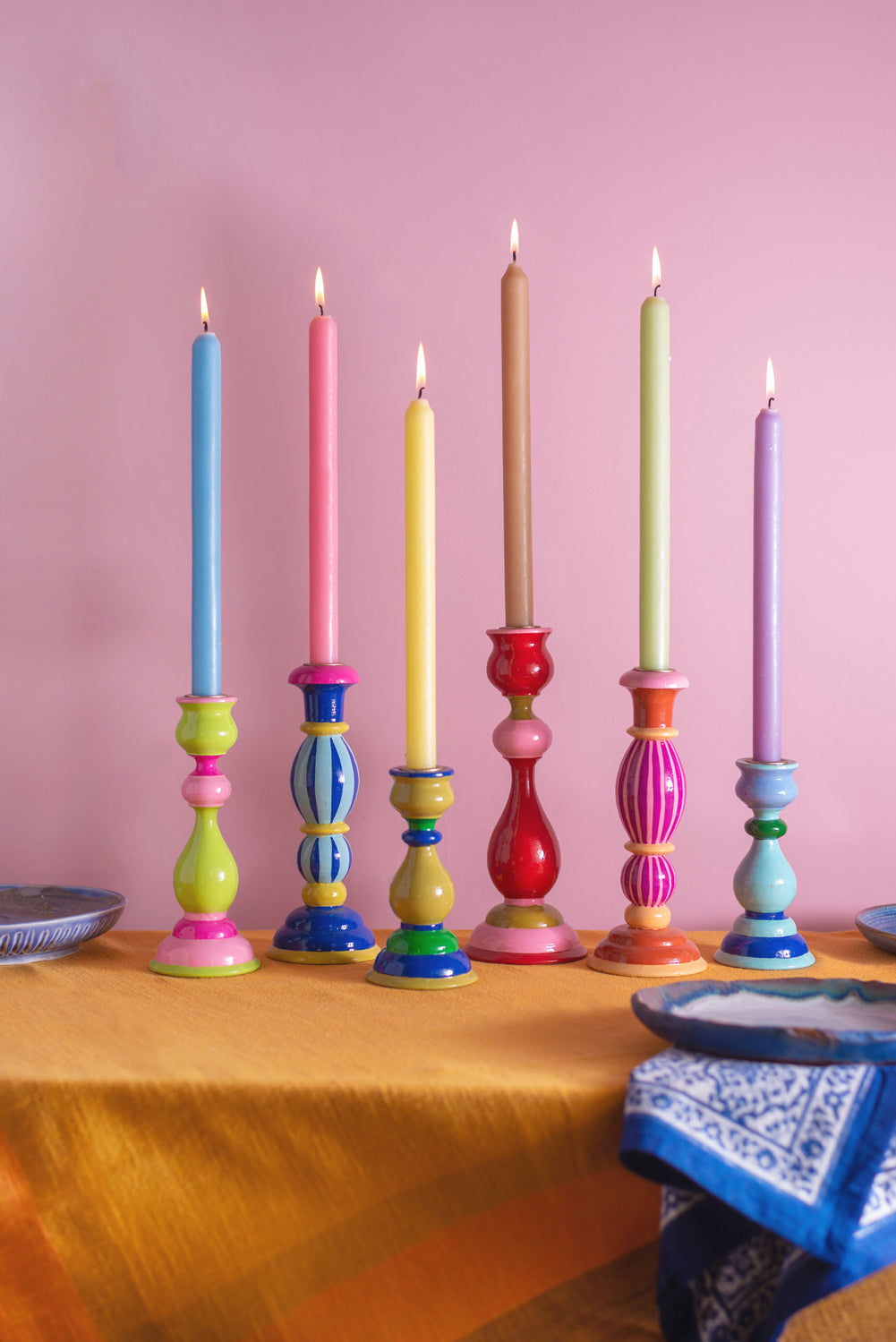 Bright Tones Hand Painted Wooden Candle Holders