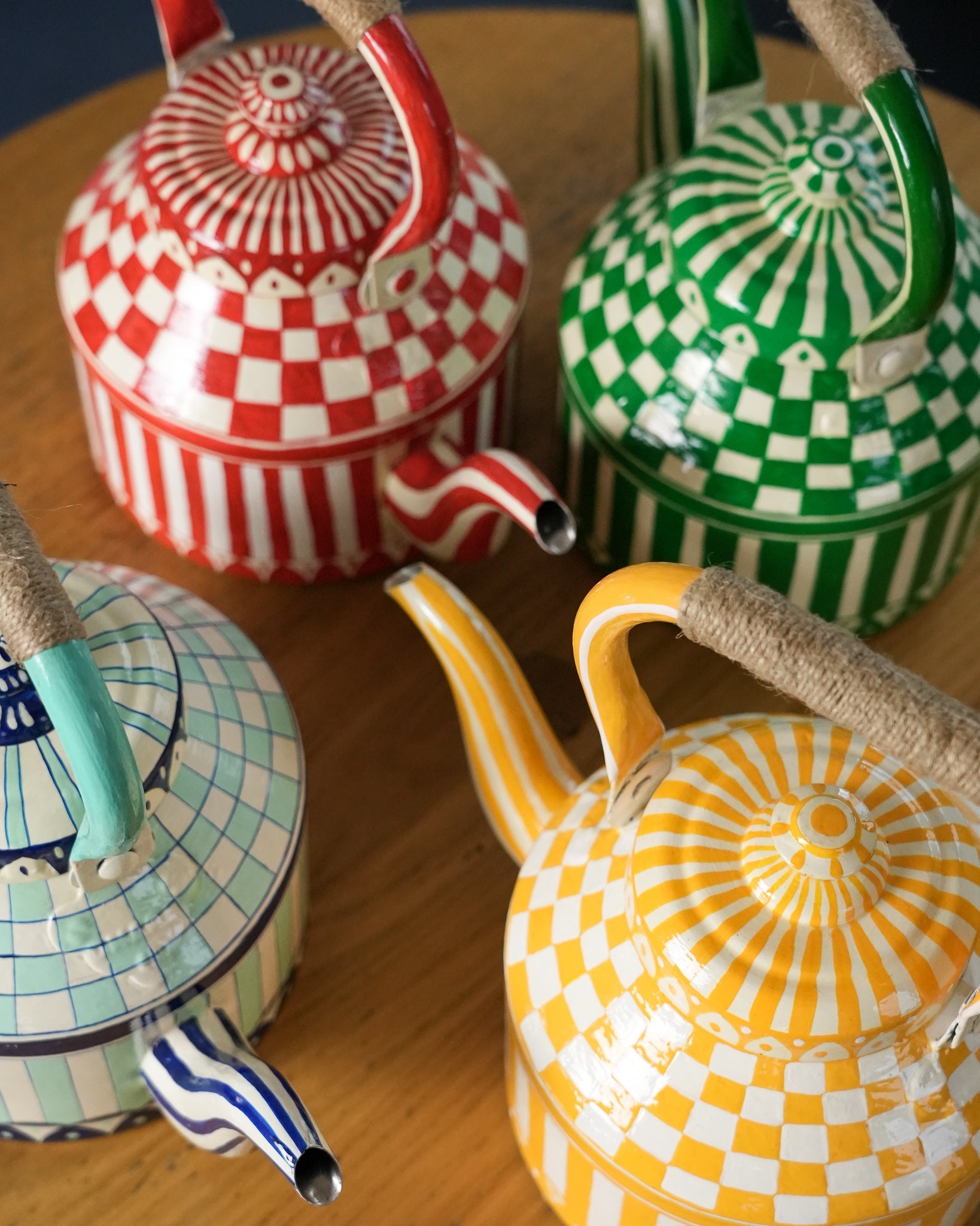 Hand Painted Tea Kettle | Red and White | Striped
