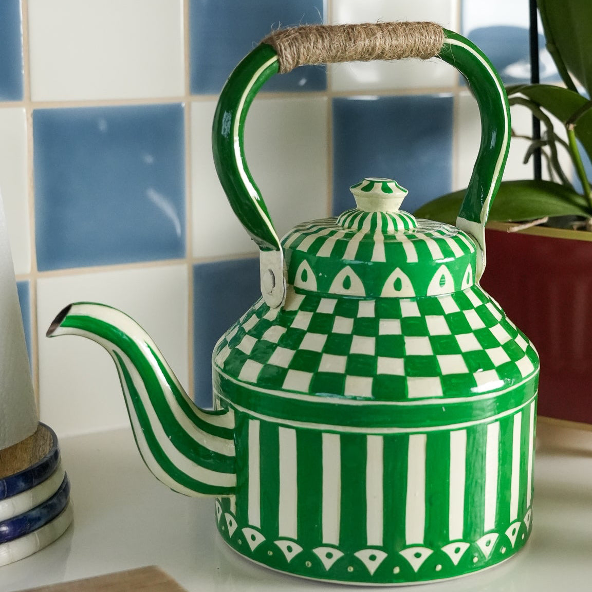 Hand Painted Tea Kettle | Green and White | Striped