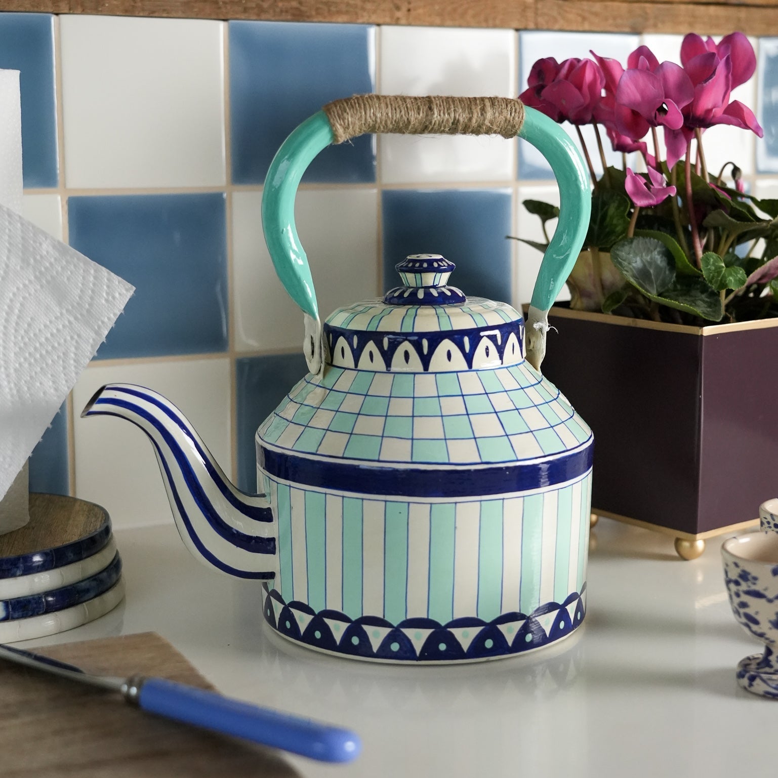 Hand Painted Tea Kettle | Blues and White | Striped