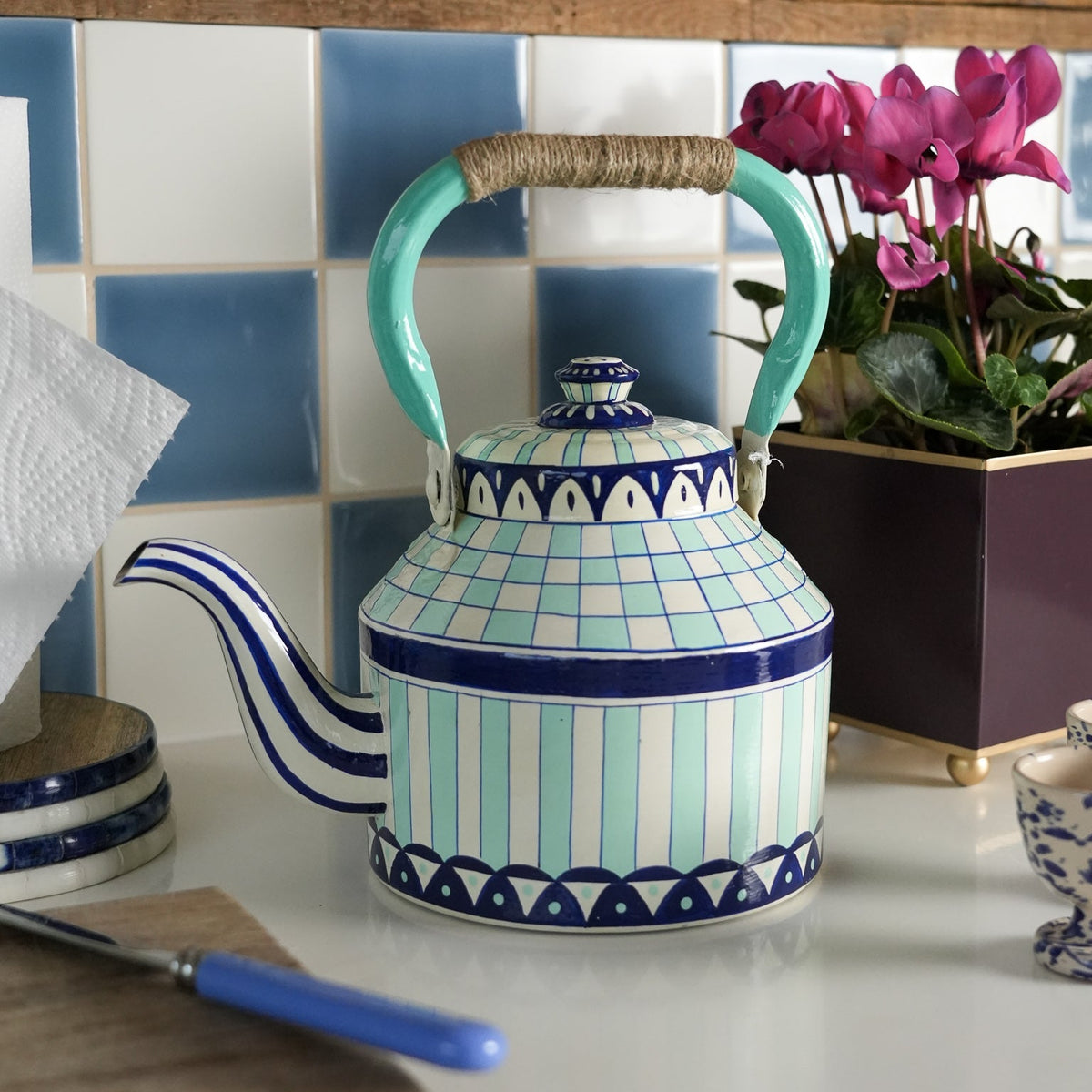 Hand Painted Tea Kettle | Blues and White | Striped