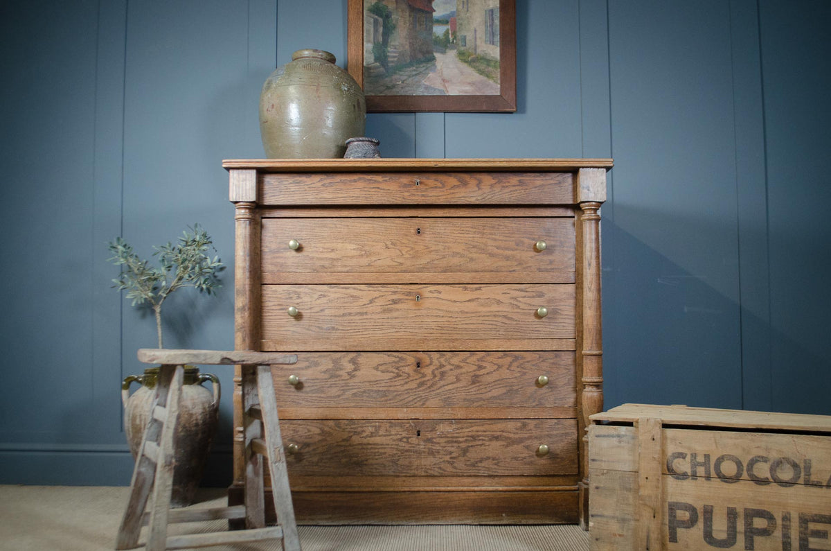 Antique French Solid Oak Column Chest of Drawers