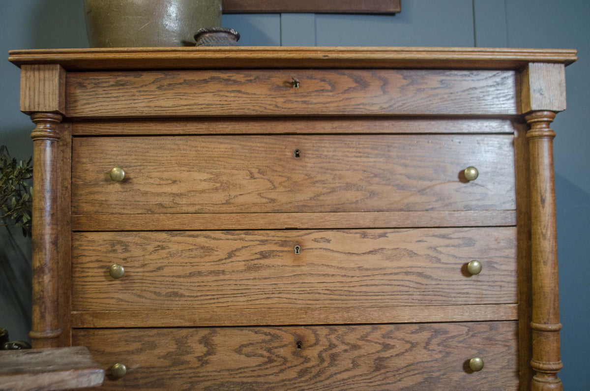 Antique French Solid Oak Column Chest of Drawers