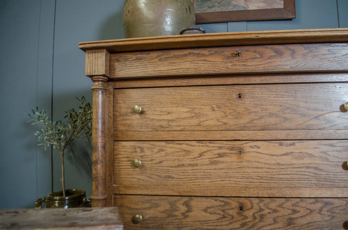 Antique French Solid Oak Column Chest of Drawers