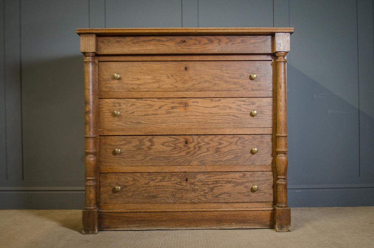 Antique French Solid Oak Column Chest of Drawers
