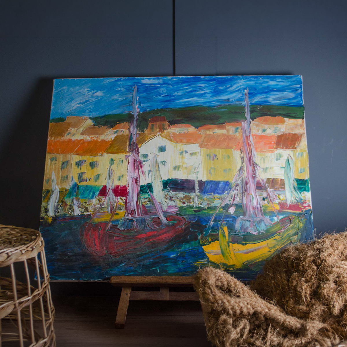 Harbour & Fishing Boats Oil Painting on Canvas