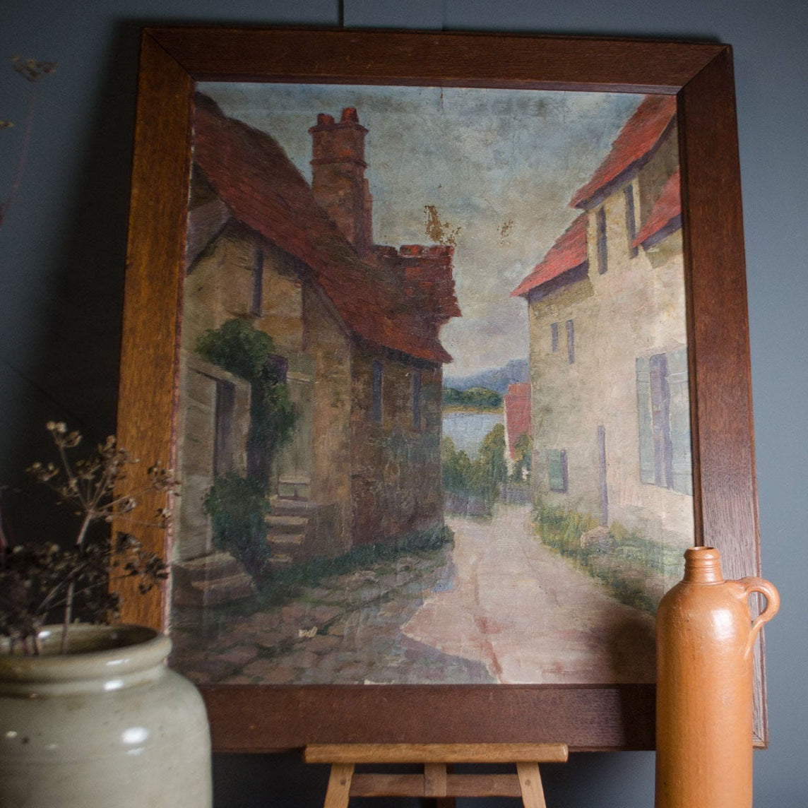 French Street Scene Oil Painting in Oak Frame