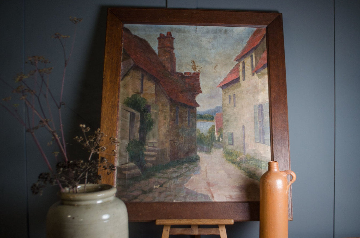 French Street Scene Oil Painting in Oak Frame
