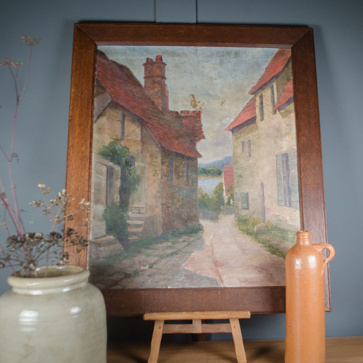 French Street Scene Oil Painting in Oak Frame