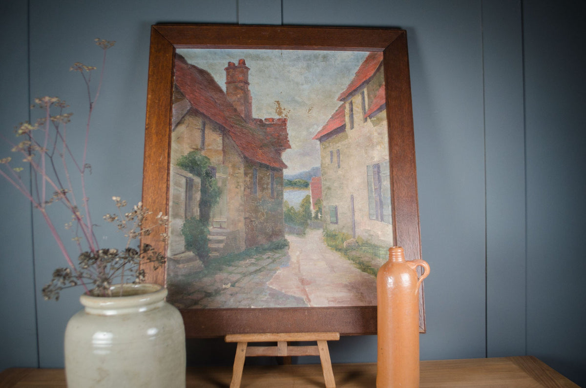 French Street Scene Oil Painting in Oak Frame