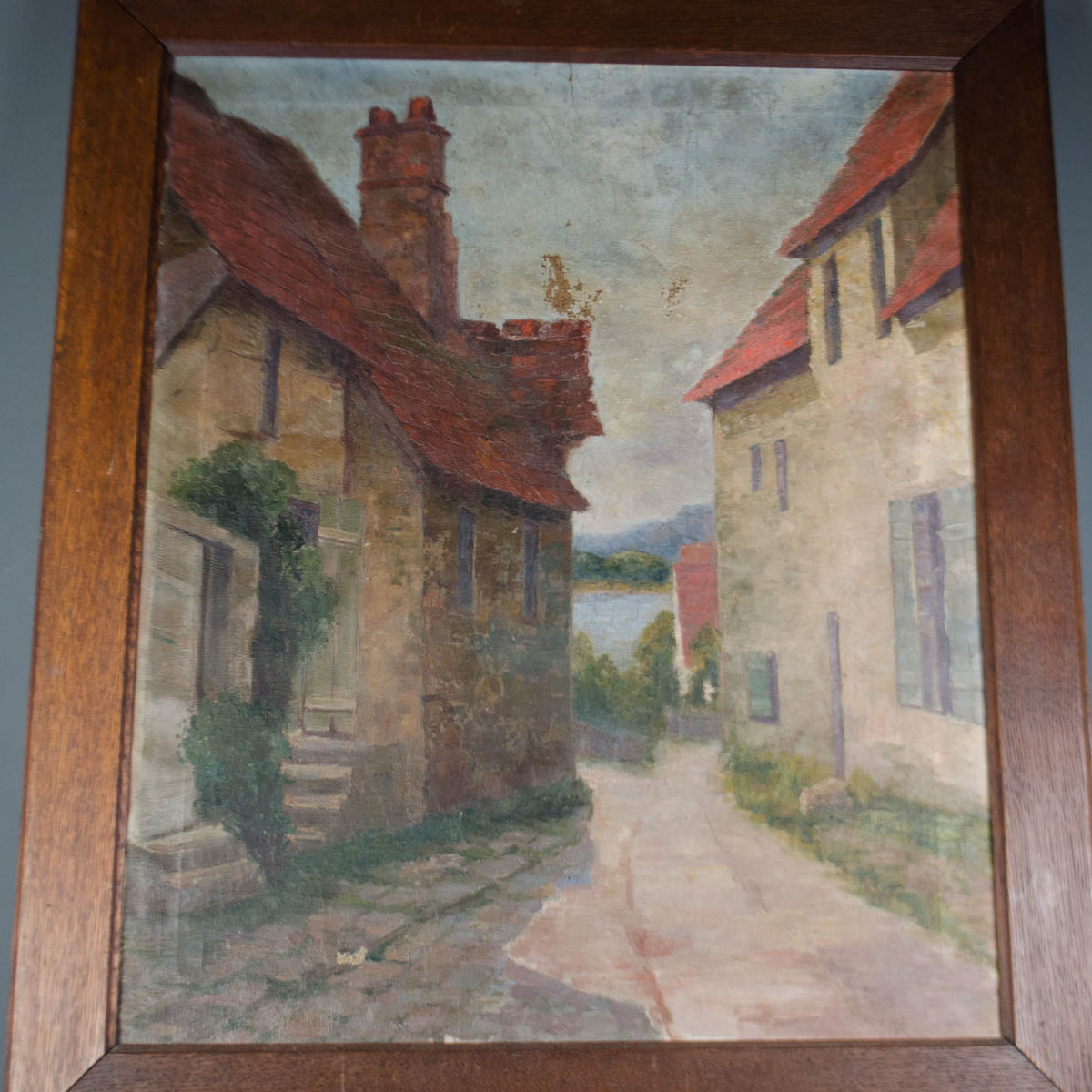 French Street Scene Oil Painting in Oak Frame