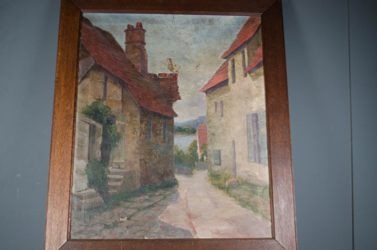 French Street Scene Oil Painting in Oak Frame