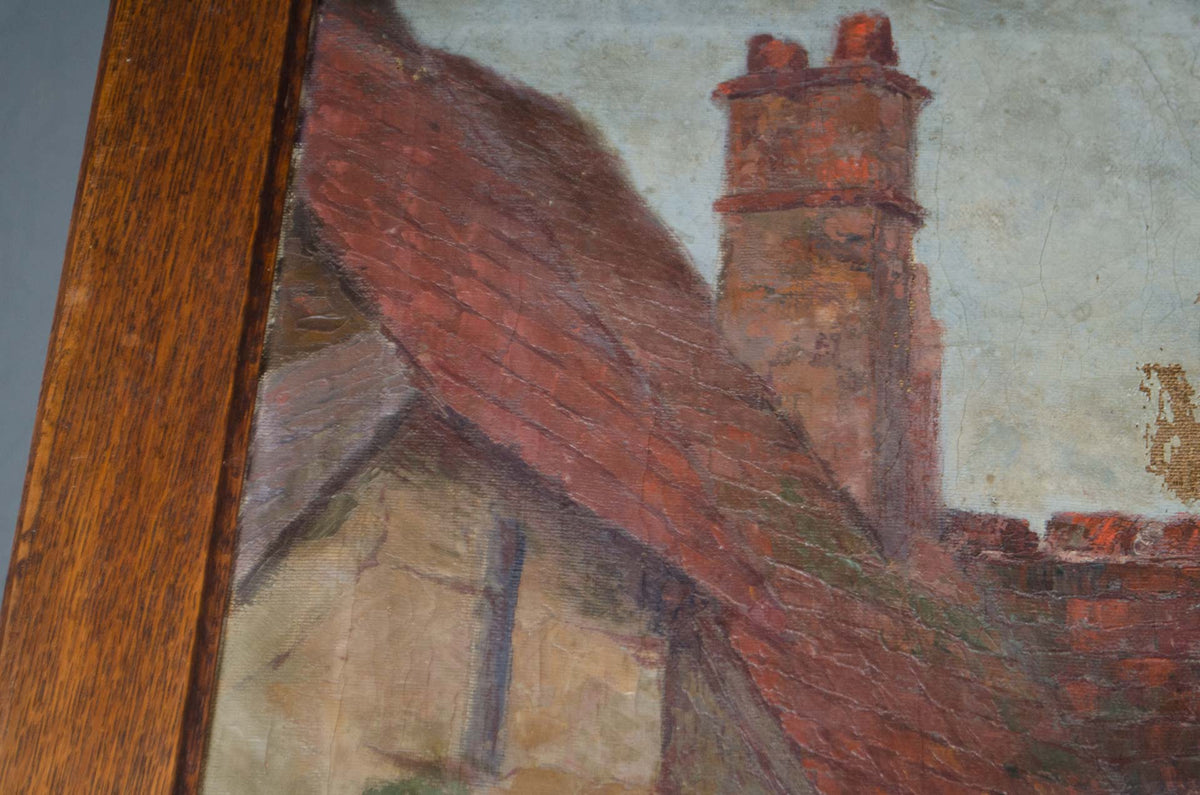 French Street Scene Oil Painting in Oak Frame