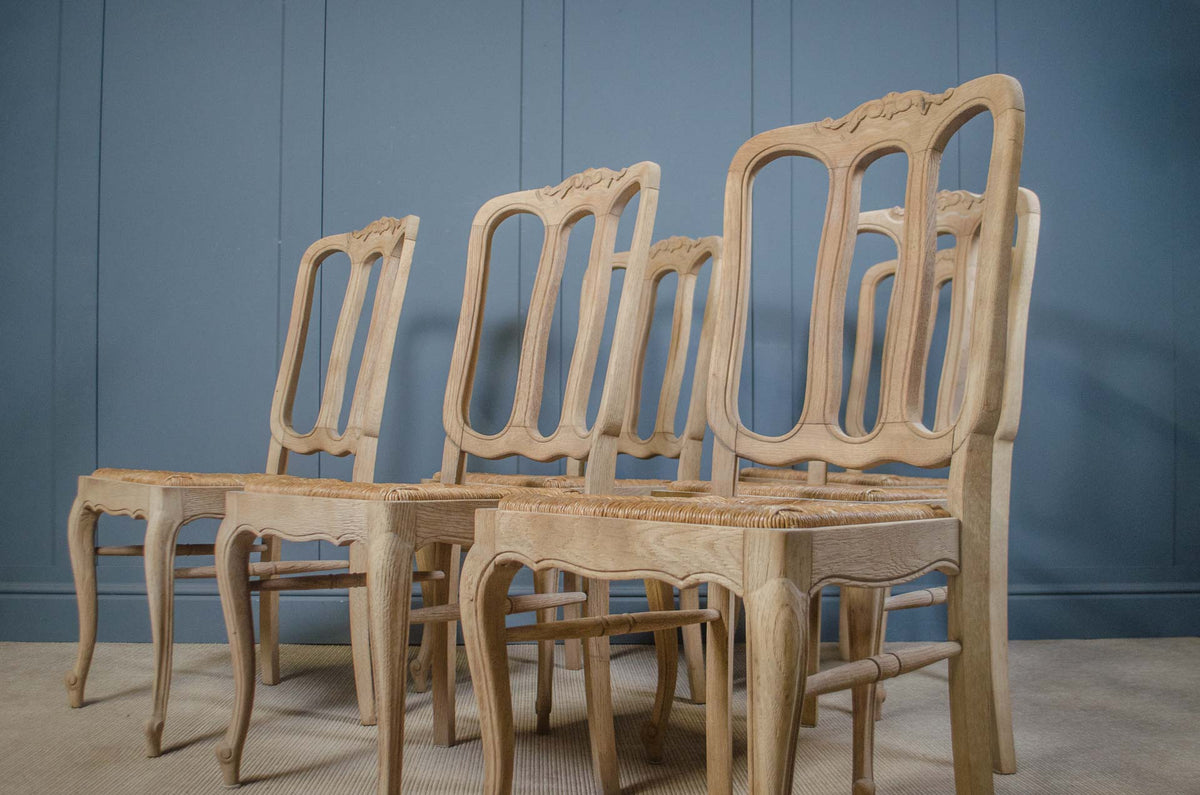 French Extending Oak Parquet Dining Table & Six Rush Seat Chairs