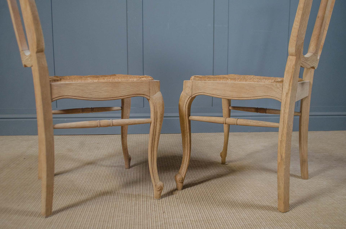 French Extending Oak Parquet Dining Table & Six Rush Seat Chairs