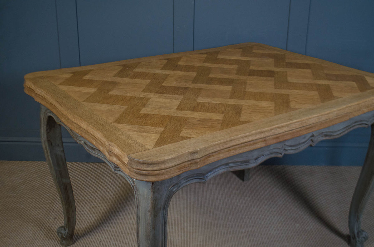 French Extending Oak Parquet Dining Table & Six Rush Seat Chairs