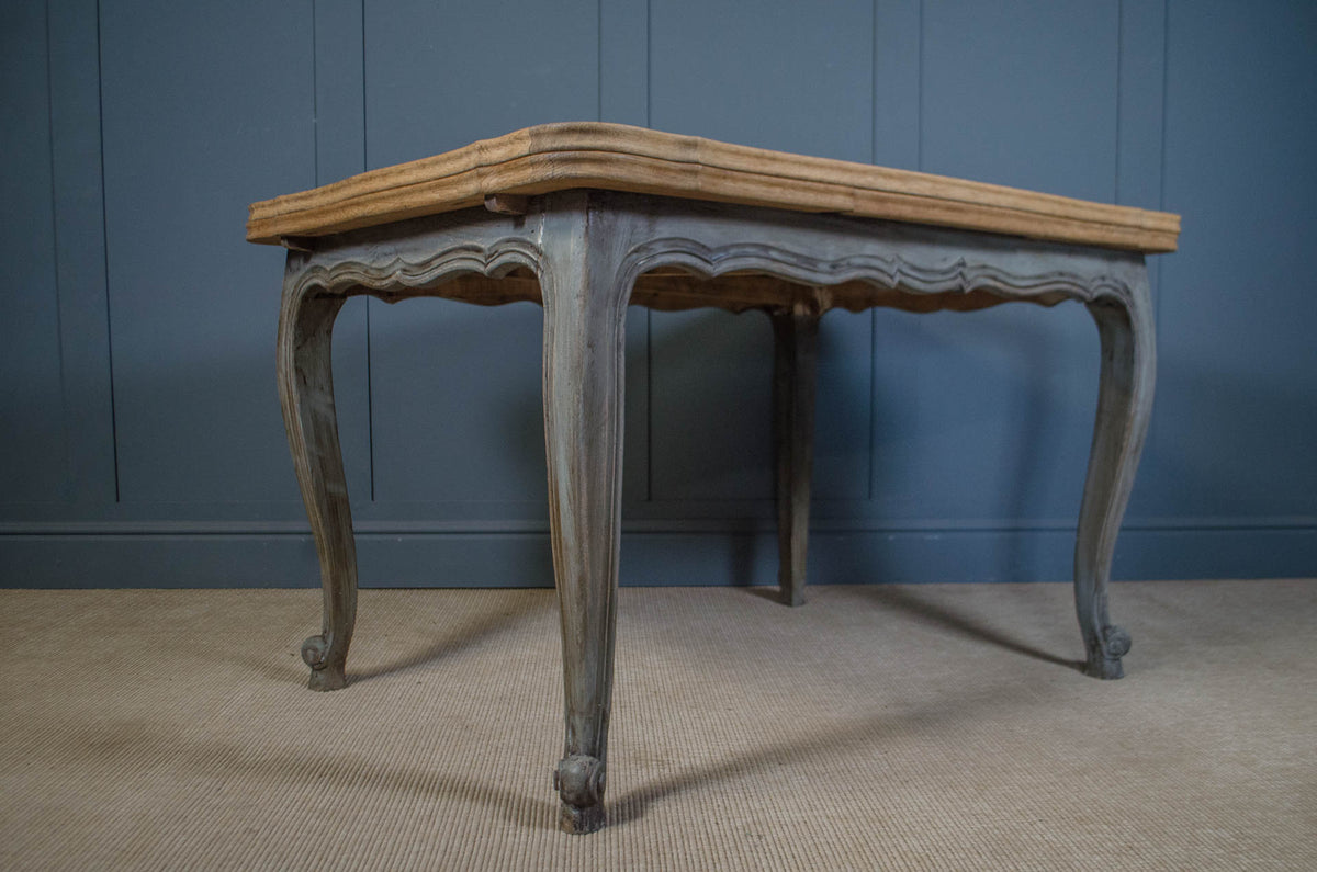 French Extending Oak Parquet Dining Table & Six Rush Seat Chairs