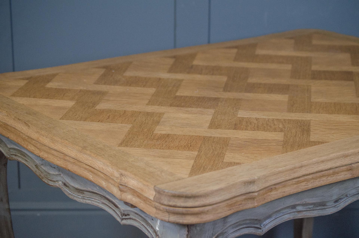 French Extending Oak Parquet Dining Table & Six Rush Seat Chairs