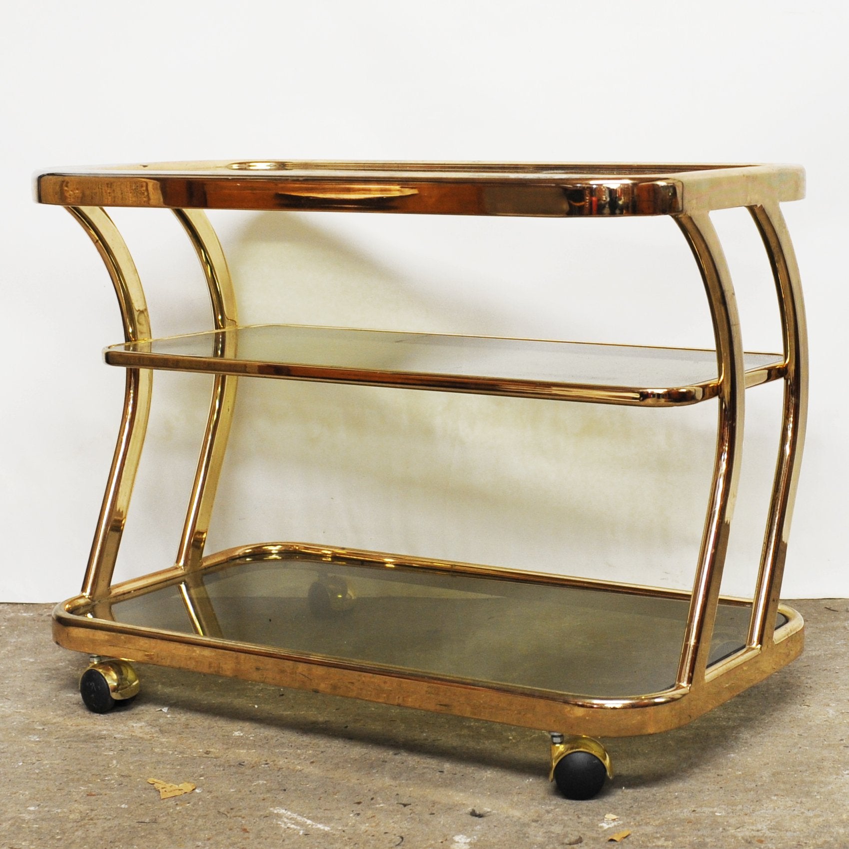 Vintage Brass and Smoked Glass Three Tier Bar Cart by Morex Italy 1970s