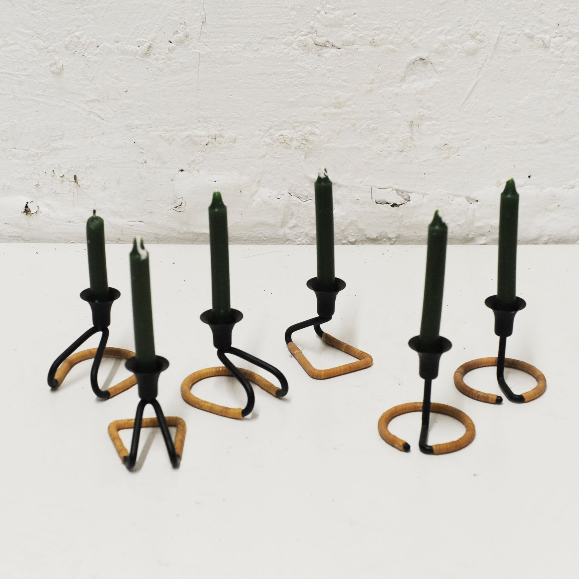 Vintage Danish Blacked Steel and Woven Natural Raffa Fiber Candle Holders by Laurids Lonborg , 1950s, Set of 6