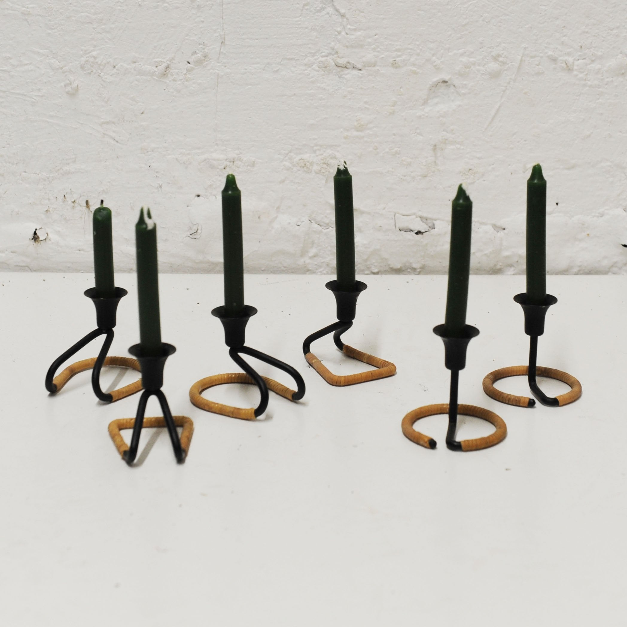 Vintage Danish Blacked Steel and Woven Natural Raffa Fiber Candle Holders by Laurids Lonborg , 1950s, Set of 6