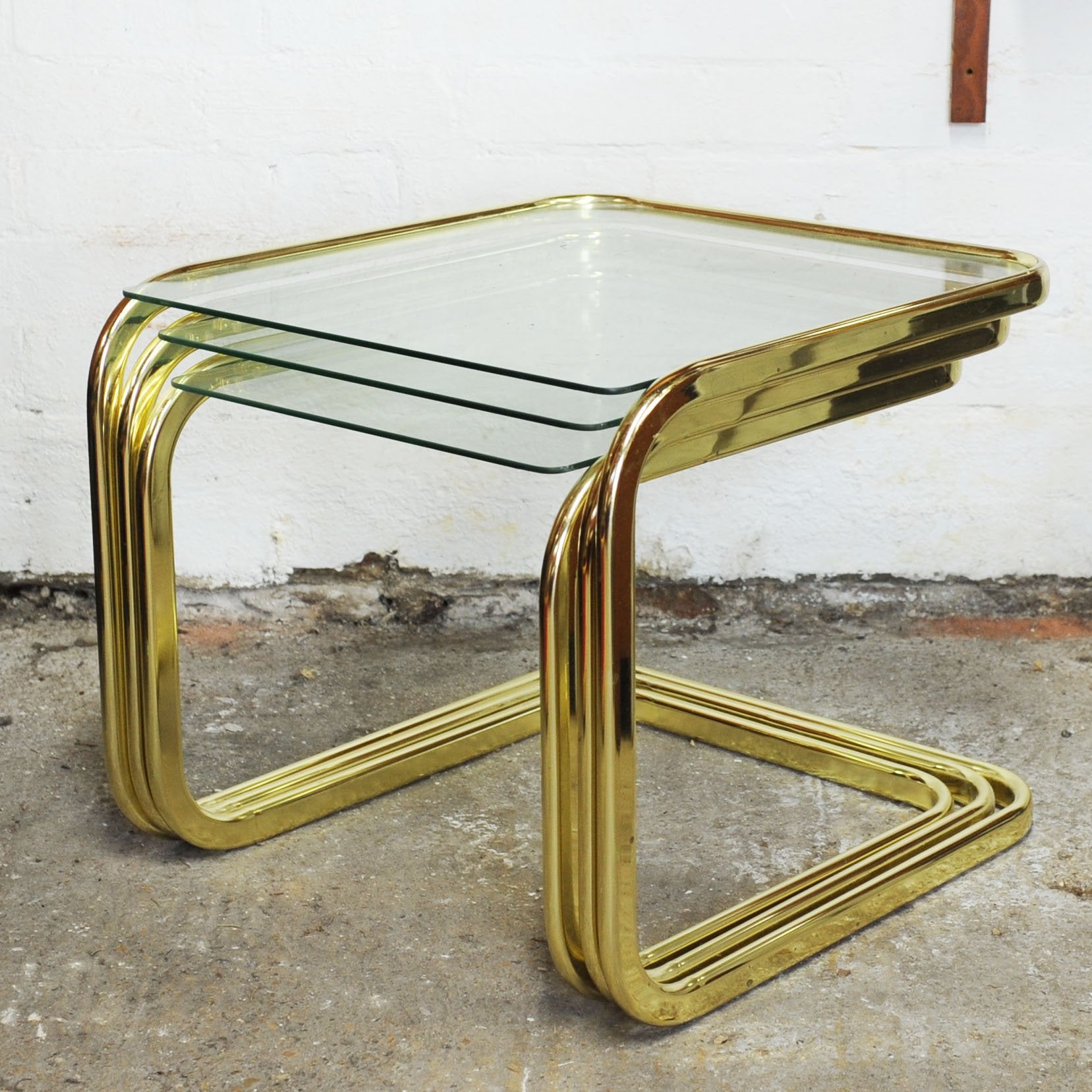 Vintage Mid-Century Modern Brass Smoked Glass Nesting Tables attributed to Milo Baughman, 1970s