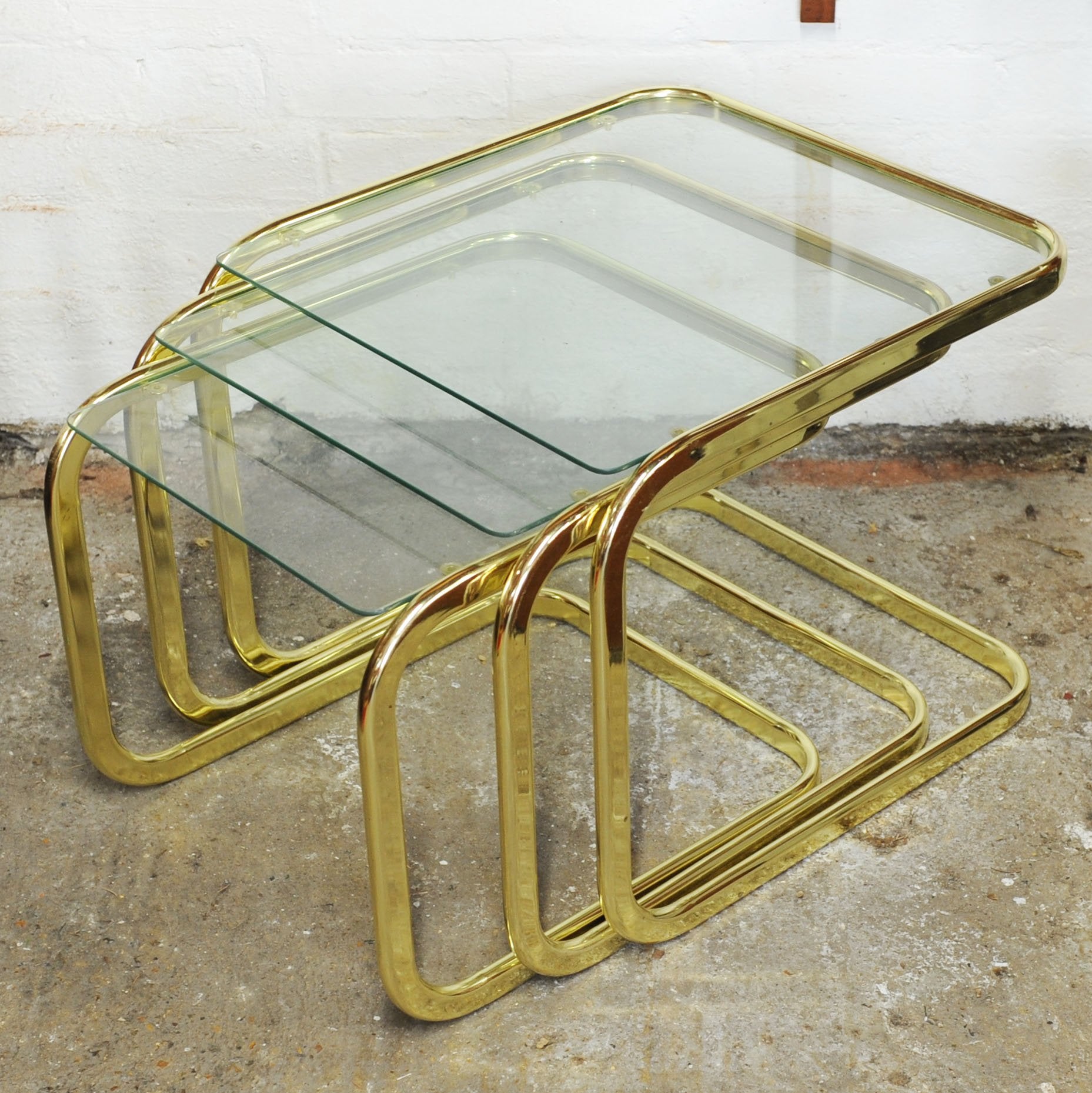 Vintage Mid-Century Modern Brass Smoked Glass Nesting Tables attributed to Milo Baughman, 1970s