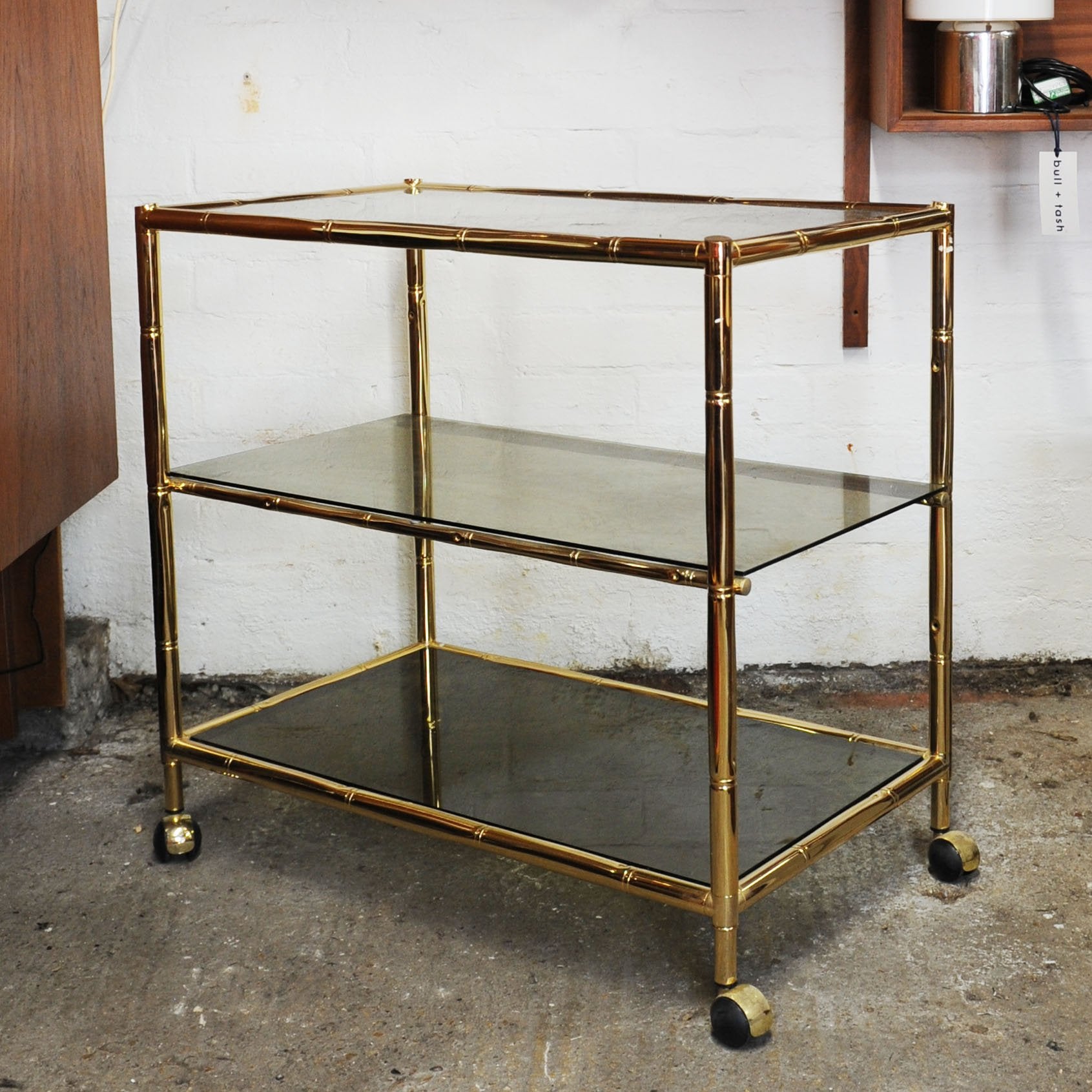 Vintage Brass and Smoked Glass Three Tier Faux Bamboo Bar Cart, 1970s