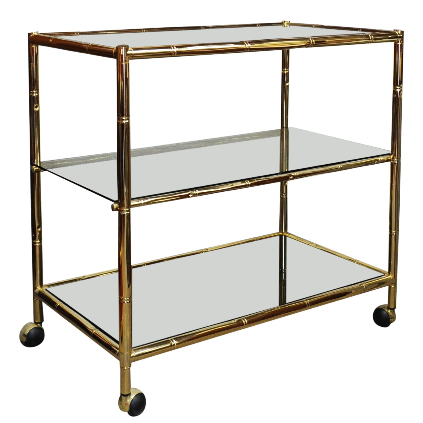 Vintage Brass and Smoked Glass Three Tier Faux Bamboo Bar Cart, 1970s