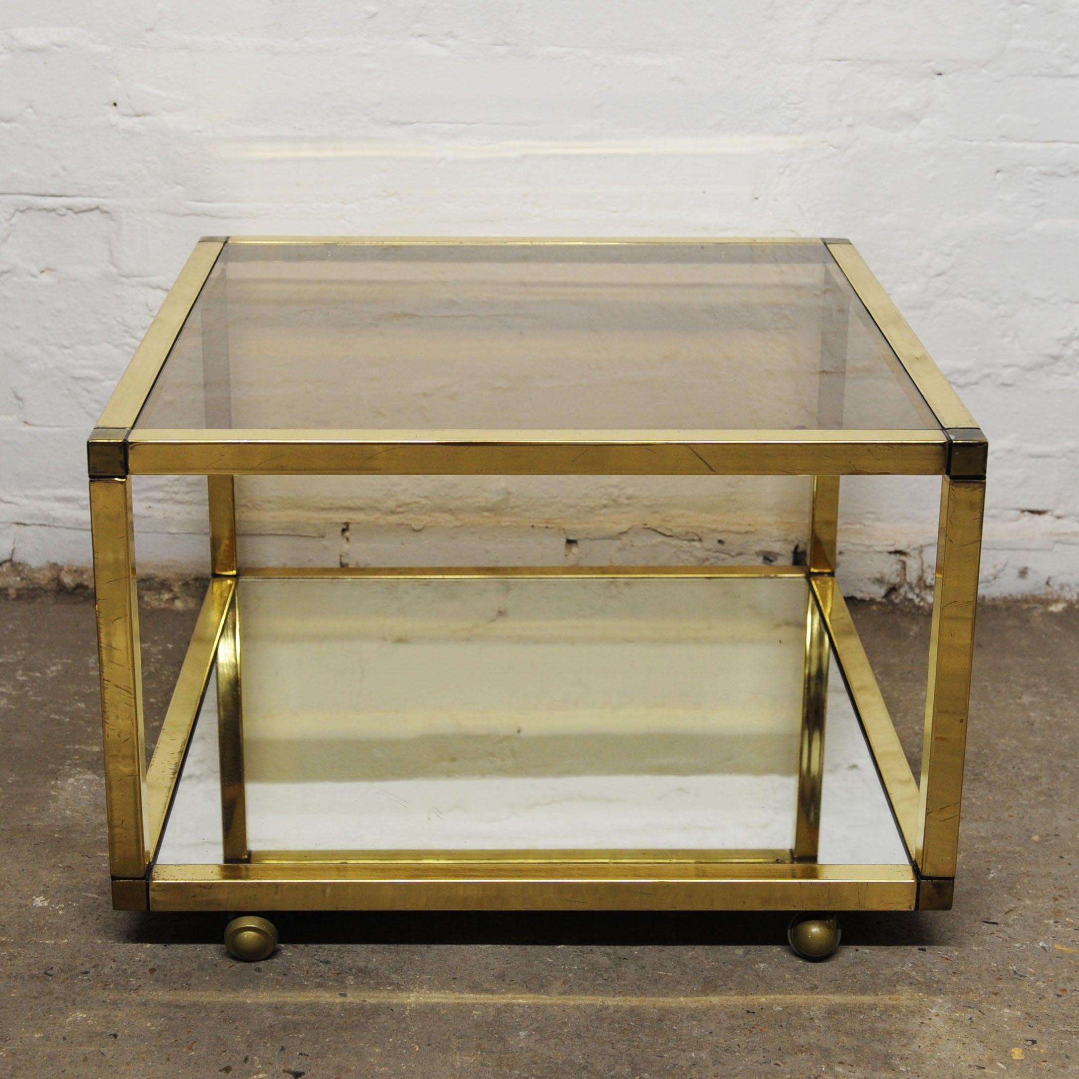 Vintage Brass and Smoked Glass Square Coffee Table on Wheels, 1970s