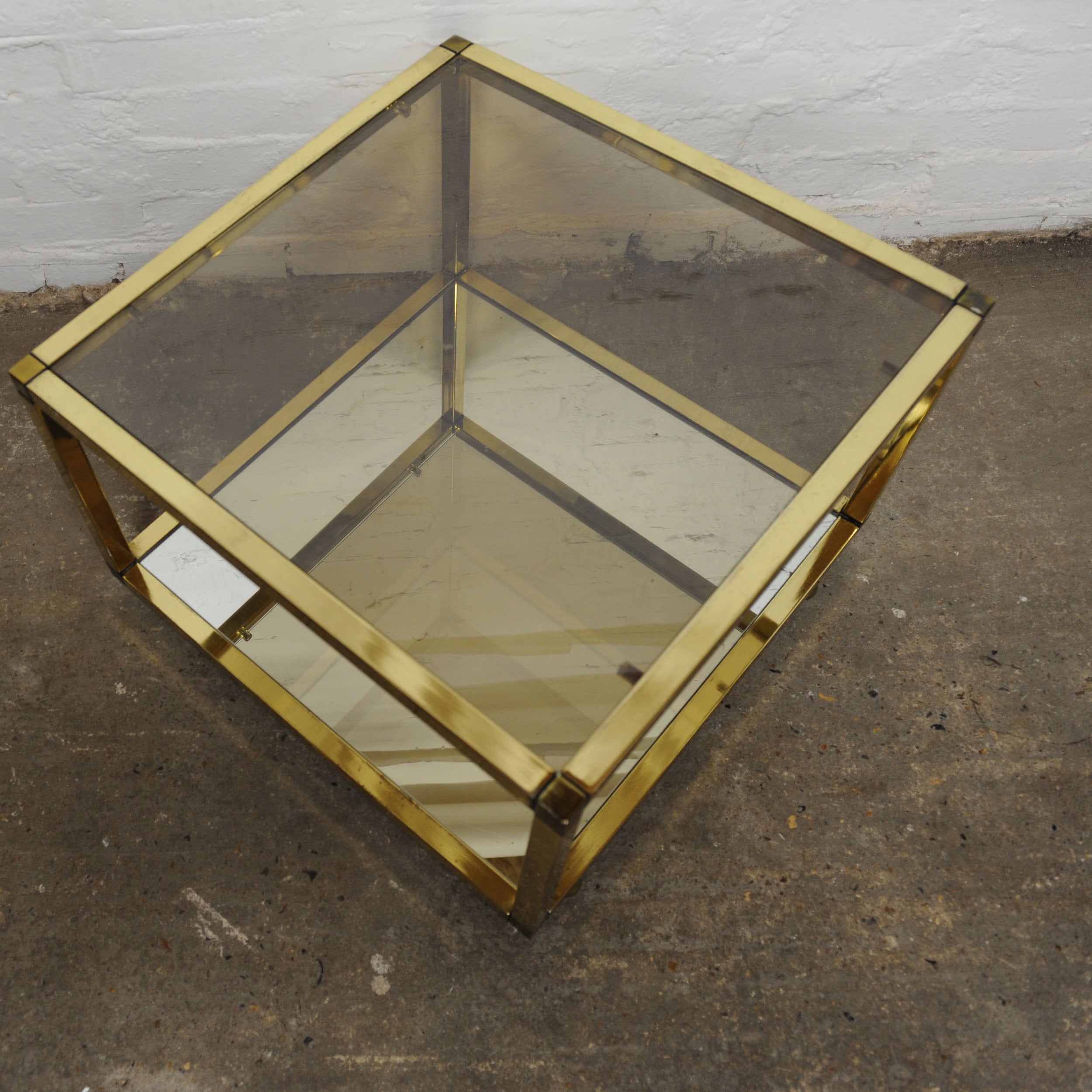 Vintage Brass and Smoked Glass Square Coffee Table on Wheels, 1970s