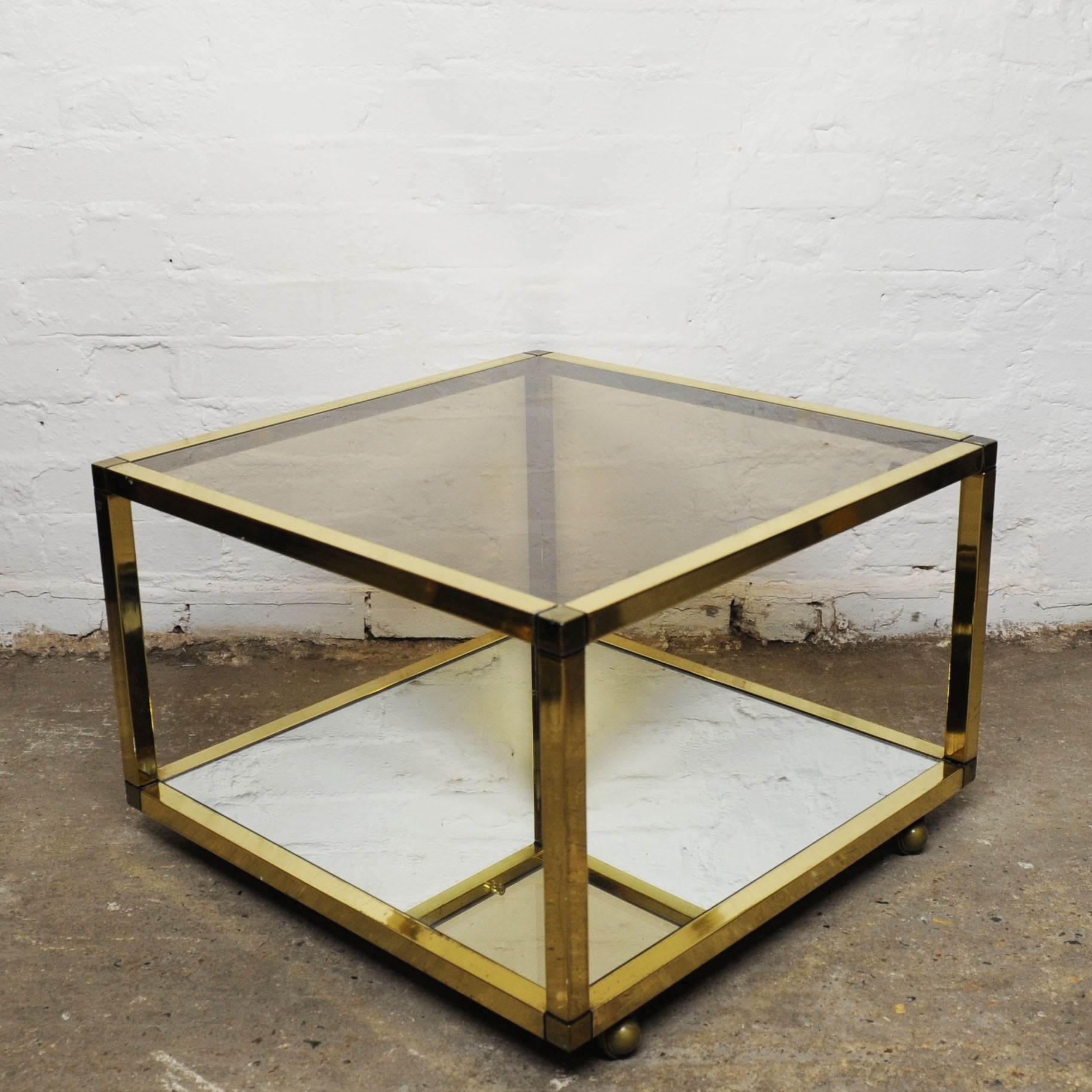 Vintage Brass and Smoked Glass Square Coffee Table on Wheels, 1970s