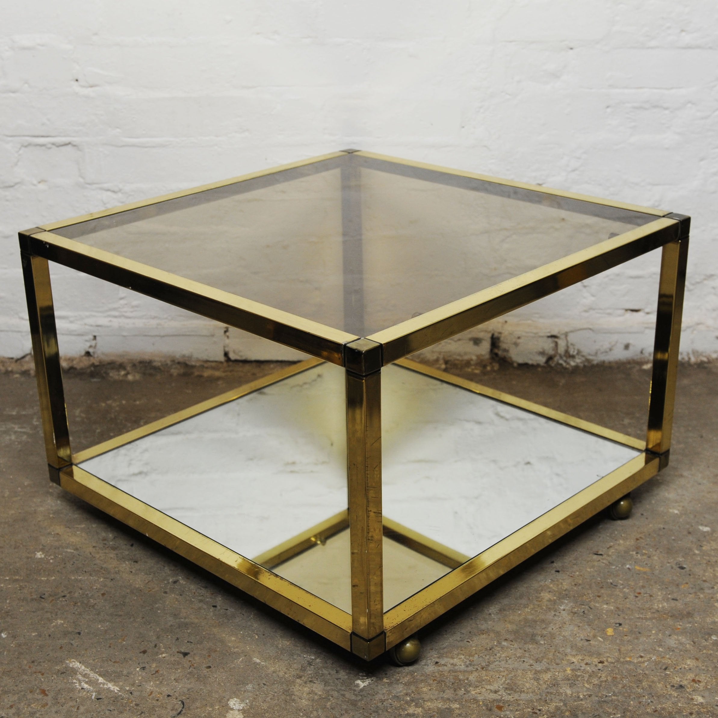 Vintage Brass and Smoked Glass Square Coffee Table on Wheels, 1970s